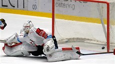 Pardubický branká� Peter Hamerlík kapituluje v duelu s Olomoucí.