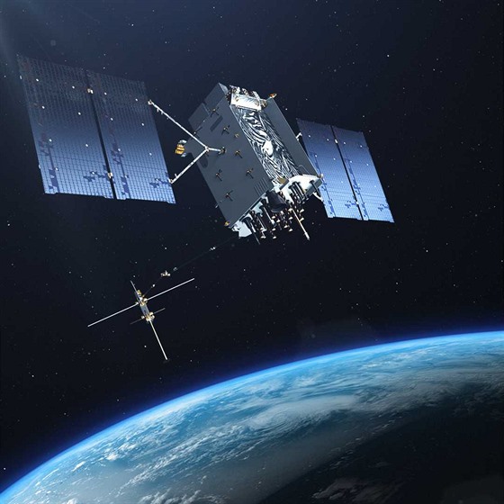 Ilustrace znázorňující satelity nové generace GPS 3 na oběžné dráze