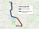 MAPKA: Pilotní úseky vysokorychlostní trati na jiní Morav