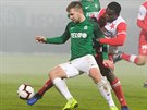 Jablonecký Jakub Povaanec (vlevo) a Michael Ngadeu ze Slavie v souboji.