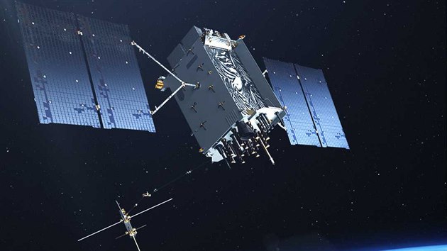 Ilustrace znzorujc satelity nov generace GPS 3 na obn drze