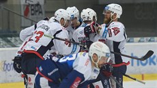 Chomutovští hokejisté slaví gól proti Kometě.