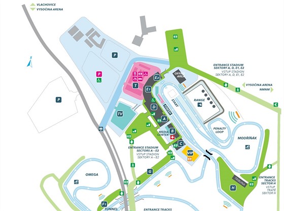 Plán tratí a areálu Vysočina Areny pro Světový pohár v biatlonu v roce 2018.