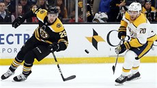 Brandon Carlo z Bostonu (vlevo) a Miikka Salomaki z Nashvillu bruslí za pukem.