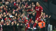 Liverpoolský obránce Dejan Lovren oslavuje gól proti Newcastlu.