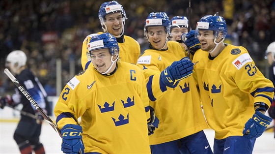 védtí hokejisté do 20 let slaví gól do americké sít.