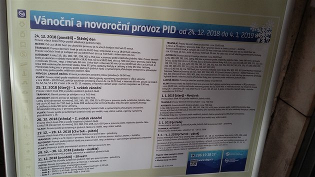 A do 04.01.2019 platí zmny v jízdních ádech Praské integrované dopravy v souvislosti s tradiní  vánoní a novoroní úpravou. Dnes v noci je v souvislosti s oslavami píchodu Nového roku 2019 prodlouen provoz metra zhruba do 2:30.O tchto opateních 