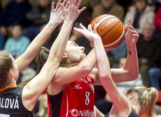 Momentka z utkání enské basketbalové ligy mezi týmy Hradce Králové a abin...