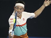 Kei Niikori z Japonska hraje bekhend ve finle turnaje v Brisbane.