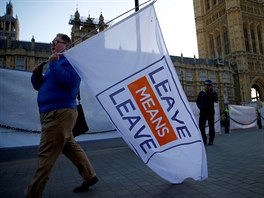 Sympatizant brexitu kráí ped Westminsterským palácem (8. 1. 2019)