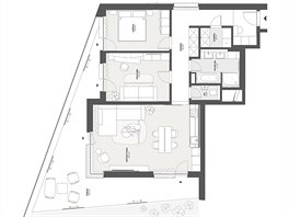 Dispozice bytu s obytnou plochou 92 metrů čtverečních a terasou velkou 35 metrů...