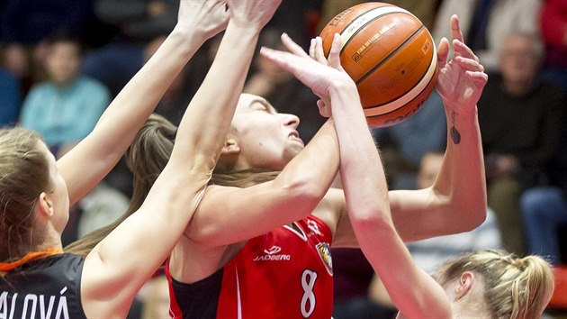 Momentka z utkn ensk basketbalov ligy mezi tmy Hradce Krlov a abin Brno. Hradeck kdelnice Taciana Lichtaroviov narazila.