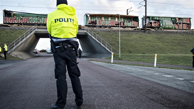 Škody na nákladním vlaku při železničním neštěstí v Dánsku. Vichřice smetla část nákladu na projíždějící osobní vlak, v němž šest lidí zemřelo. (2. ledna 2019)