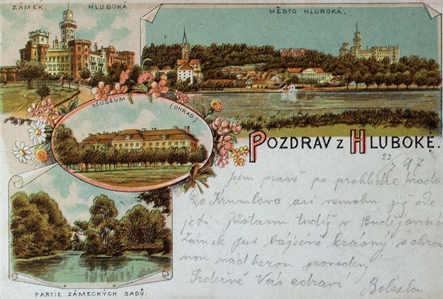 Dobová pohlednice z Hluboké nad Vltavou z roku 1897.