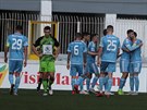 Hrái Slovanu Bratislava se radují ze vsteleného gólu v utkání proti Mladé...