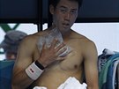 LED. Japonský tenista ochlazuje své tlo v prvním kole Australian Open. V...