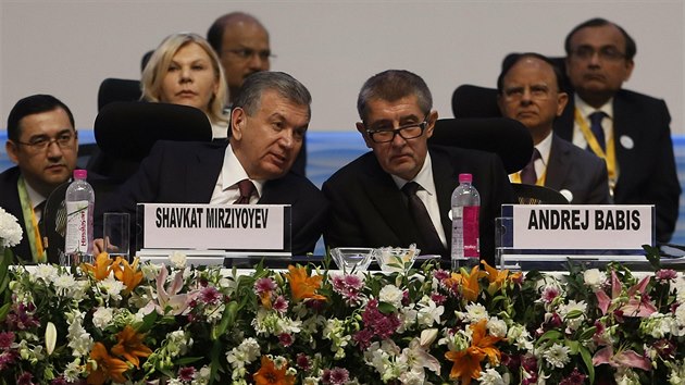 Prezident Uzbekistnu s premirem R Andrejem Babiem bhem summitu v Indii (19. 1. 2019)