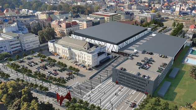 Vizualizace plánované budoucí podoby olomouckého zimního stadionu a blízkého okolí včetně parkovacího domu pro stovky aut.