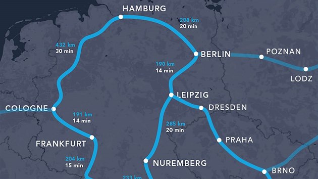 Nastoupíte do aerodynamické kapsle, pohodlně se usadíte a za dvacet minut jste z Prahy v Brně. Bude hyperloop dopravou budoucnosti? Mapa ukazuje vizi sítě potrubní dopravy ve střední Evropě.