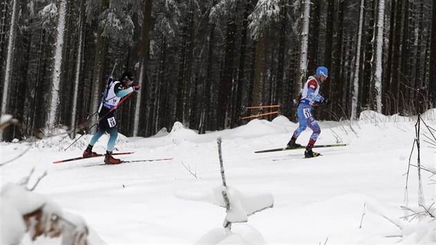 Alexandr Loginov (vpravo) a Martin Fourcade zpol na tratch v Oberhofu.