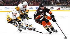 Dominik Simon (vlevo) a Jevgenij Malkin z Pittsburghu nahánjí Rickarda Rakella...