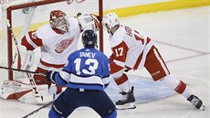 Brandon Tanev z Winnipegu skóruje, branká  Jonathan Bernier a bek Filip Hronek...