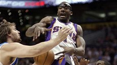 Amaré Stoudemire z Phoenixu je faulován v duelu s New Orleans, vlevo Aaron...