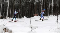 Alexandr Loginov (vpravo) a Martin Fourcade zápolí na tratích v Oberhofu.