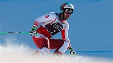 Rakouský lya Vincent Kriechmayr na trati sjezdu ve Wengenu