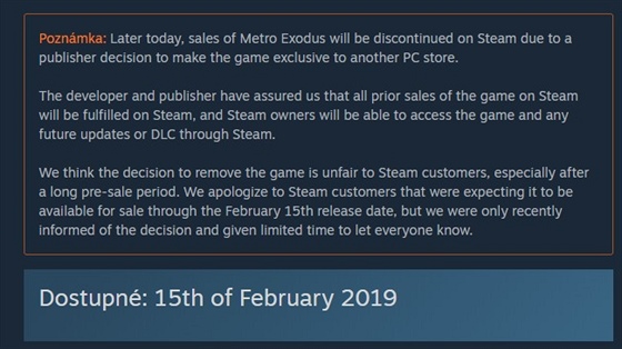 Metro Exodus - dostupnost na Steamu