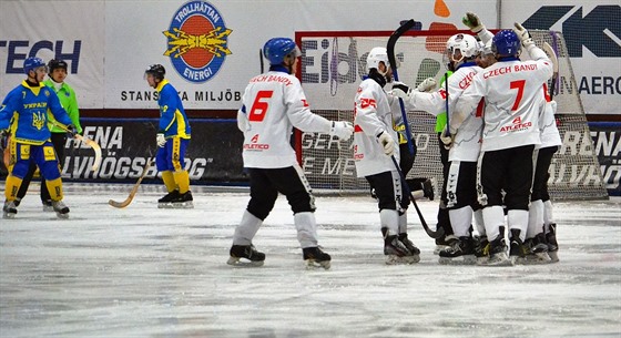 Gólová radost eských reprezentant v bandy v duelu s Ukrajinou.