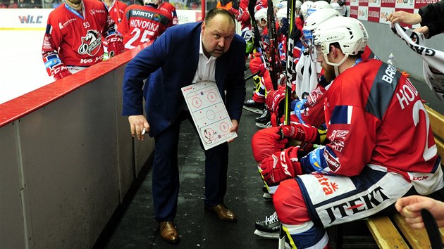 Trenr pardubickch hokejist Ladislav Lubina pi derby s Hradcem.