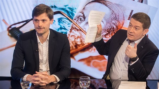 Senátor Marek Hilšer a poslanec za ANO Patrik Nacher v diskusním pořadu Rozstřel. (28. ledna 2019)