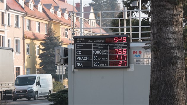 Mic stanice eskho hydrometeorologickho stavu upozorujc na smogovou situaci v centru Uherskho Hradit.