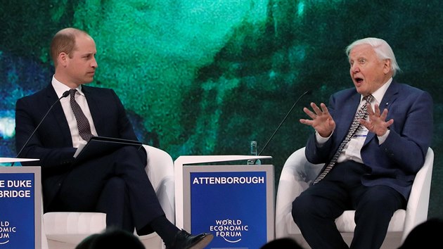 Princ William coby moder�tor a jeho host David Attenborough na Sv�tov�m ekonomick�m f�ru (Davos, 22. ledna 2019)