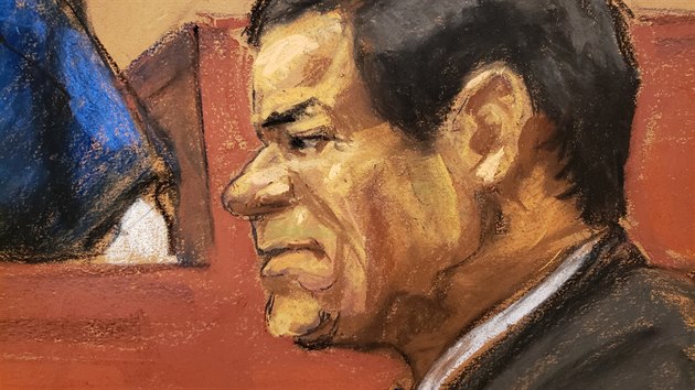 Mexický drogový boss Joaquín Guzmán přezdívaný El Chapo na obrázku ze soudu (New York, 24. ledna 2019)