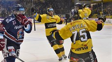 Litvínovtí hokejisté (ve lutém) slaví gól v utkání proti Vítkovicím.
