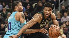 Janis Adetokunbo (vpravo) z Milwaukee obchází Milese Bridgese z Charlotte.