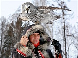 SOVA. Dvouletá sova Mykh sedí na hlav ornitoloky uprosted tajgy v ruském...