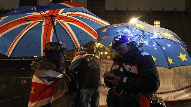 Lid schovan pod detnky ekali na vsledek hlasovn britskho parlamentu o dalm plnu na oputn Evropsk unie. (29. 1. 2019)