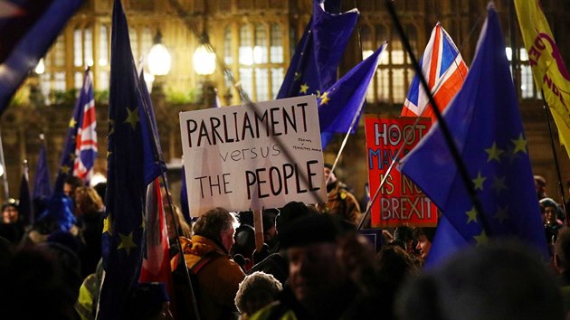 Stoupenci brexitu se v ter veer seli ped budovou parlamentu. (29. 1. 2019)