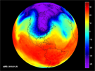 Satelitní mení teploty ukazuje vpád polárního vortexu do severní Ameriky v...