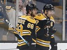 David Pastrák (88) a Patrice Bergeron (37) z Bostonu slaví gól proti New York...