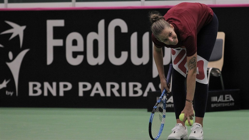 Karolína Plíšková na tréninku v Ostravě před utkáním Fed Cupu proti Rumunsku.
