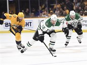 Radek Faksa z Dallasu pad uhn s pukem v utkn proti Nashvillu.