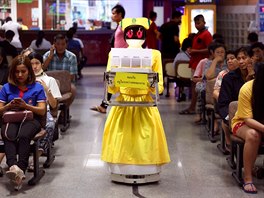 ZDRAVOTNÍ SESTRA. Robot v obleku zdravotní sestry nese lékaské dokumenty ve...