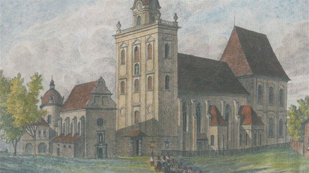 Podoba chrámu sv. Václava v Olomouci v 19. století, jak ho arcibiskup Rudolf Jan zažil před přestavbou do novogotické podoby.