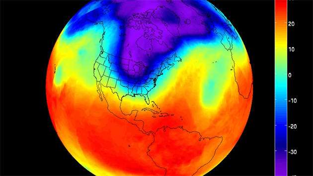 Satelitní mení teploty ukazuje vpád polárního vortexu do severní Ameriky v...