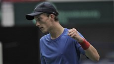 Jií Leheka se raduje z vítzného úderu pi své premiée v Davis Cupu.