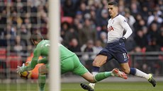 Tottenhamský Erik Lamela (vpravo) se snaí pekonat brankáe Newcastlu Martina...